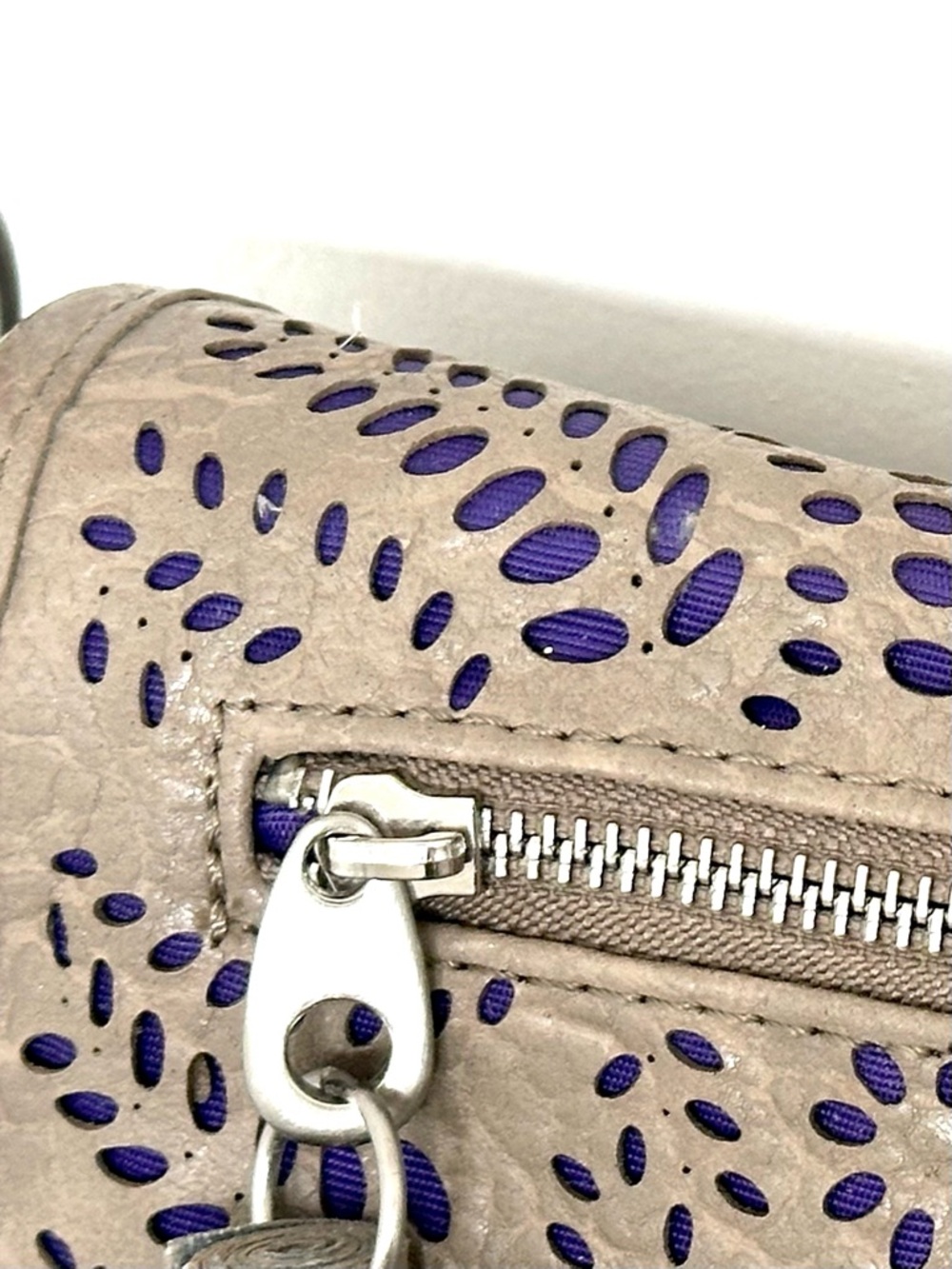Kensie Girl Taupe Laser-Cut Mini Crossbody Bag with Purple Accent - Picture 7 of 13